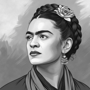 Digital portrait of Frida Kahlo. Monochrome image. Detailed brushstrokes capture the essence of her face and distinctive features.