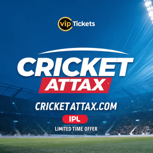 Dynamic promotional ad for Cricket Attax event. Vibrant blue background. Exciting design. Invitation to win VIP IPL tickets by playing on Cricketattax.com. Watch IPL match live. Limited time offer.