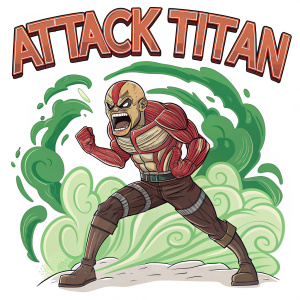 Fierce cartoon character inspired by Attack on Titan. Text 'ATTACK TITAN' in bold letters. Vibrant green and abstract shapes background.