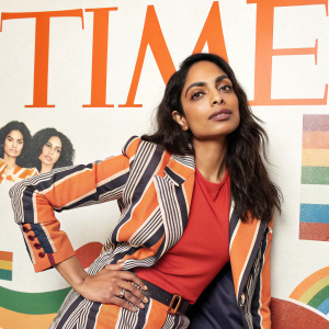 Sobhita Dhulipala, Indian actress, posing for the cover of Time magazine. Orange text and images of unity, equality