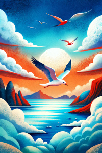 stylish surrealism illustration for a poster,   sea, big sky and a lot of white seagulls