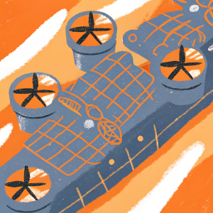 A digital illustration of a colossal ship inspired by the C-21 Dragon Assault Ship from Avatar. The behemoth is composed of several interlocking modules equipped with large multi-bladed propellers and armored fortifications. The grid-like pattern gives the design a futuristic and mechanical feel, all rendered in 3D.