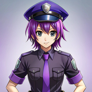 Policia anime con ropa morada y negra con pelo degradado en morado y negro