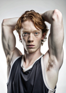 Caleb Landry Jones  sweaty pits, showing armpits, white background, basketball player