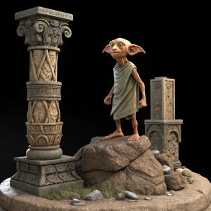 Dobby, the diminutive goblin-like creature, stands on a rocky pedestal surrounded by detailed, intricately carved stone structures. Rendered in high detail, set against a stark black backdrop.