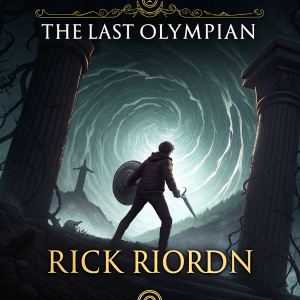 Book cover for 'The Last Olympian' by Rick Riordan. The cover depicts a dark, foreboding portal with a central figure in a tense pose.