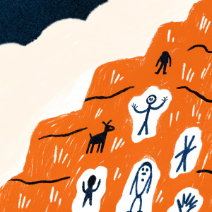 Prehistoric cave paintings on a limestone cliff face. Abstract human and animal figures etched into the rugged surface. Various sizes and poses, some with exaggerated features.