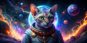 gato psicodélico con traje espacial futurista , rasgos humanos,fuego,lasers y planeta tierra al fondo, naves alienigenas