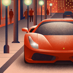A shiny red Ferrari F8 Spider parked in a busy city street at night.