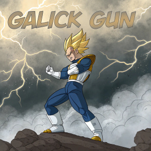 Vegeta standing in a fierce battle pose, with a backdrop of chaotic storm clouds and lightning. 'Galick Gun' written above.