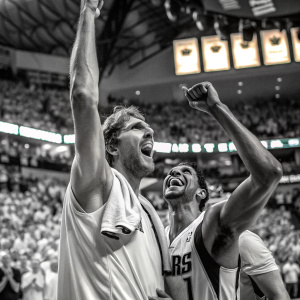 Dirk Nowitzki and Dwight Powell, wearing Dallas Mavericks jerseys, celebrating after a successful play. Crowd cheering in the background, illuminated by the arena lights.