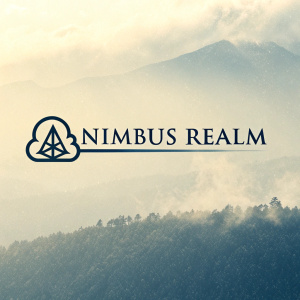 The Nimbus Realm logo featuring a stylized cloud icon on the left. The script is in a modern sans-serif font, with a gradient background from light grey to off-white. The logo has an aged, distressed look with subtle shading.
