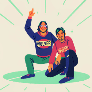 Pedro Neto and Ruben Neves in a bright studio. Wearing casual clothes with 'Wolver' logo. Fun, playful pose