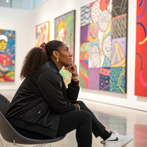 Serena Williams, deep in thought, sitting alone in an abstract art gallery.