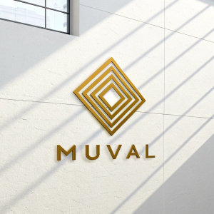 Modern, sleek logo design for Muval. Gold emblem on stark white background. Intersecting lines create dynamic pattern. Company name 'Muval' in matching gold font below.