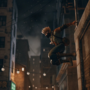 3D render of Bakugo from My Hero Academia. Dark, urban setting. Leaping through the air, determined expression, red quirk. Nighttime cityscape background