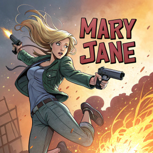Digital illustration of a female character from comic book art. Mary Jane mid-air, guns in hand, blonde hair flowing, determined look. Text 'The Amazing Mary Jane' in comic style. Fiery explosion background, comic book vibe.