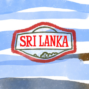 A digital logo featuring the Sri Lanka national emblem. Flat design, blue and white, bold text 'Sri Lanka' in contrasting bold font.