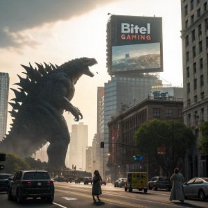 A giant monster looming over a bustling cityscape, with Bitel Gaming's logo in Spanish visible on a towering billboard.
