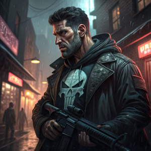Jon Bernthal as the Punisher, intense look, holding gun. Background shows a dark alley with neon signs. Digital illustration.