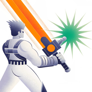 A detailed black and white drawing of Zarya, a character from Overwatch. She wields a massive energy sword. The illustration is in a cartoon style, with clear outlines emphasizing her spiky hair and weapon.