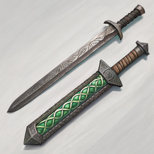 Concept art for Thor: Ragnarok swords. One sword with dark grey, rough texture. Another with vibrant green, intricate swirls. Detailed illustrations showcasing blade designs.