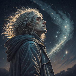 Digital portrait of Tomura Shigaraki. He stands against a starry night background. Long wavy hair, intense look, particles swirling around