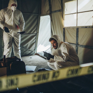 Forensic team from Gendarmerie Nationale investigating a crime scene. White hazmat suits and gloves. Inside a large, tent-like structure with a yellow crime scene tape outside.