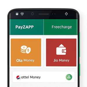 Payment gateway app screen. Displays wallet options: PayZapp, FreeCharge, Ola Money, Jio Money, Airtel Money.