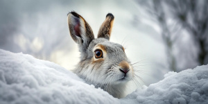 UK, Scotland, Mountain Hare hiding in snow