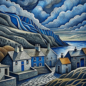 3 color lino print in style of Bryan Angus,Crovie Harbour looking North,blue gray and black and white,Cumulus cloud,wide angle view