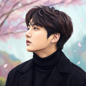 Jungkook, a young male with dark brown hair, thoughtful expression, wearing a black turtleneck. He is in a vibrant digital painting, set against a blurred backdrop with pastel hues. The artwork has soft brush strokes and a delicate blend of colors, giving it an ethereal quality.