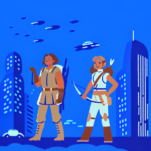Concept art for Horizon Zero Dawn featuring Aloy and Fujiimoto. Vibrant cyberpunk cityscape in the background