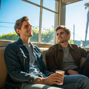 Trace Lehnhoff and Antoni Porowski, dressed casually, sitting on a coffee shop couch. Sunny day outside the window.