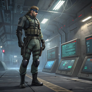 Solid Snake, from the Metal Gear Solid series, standing in a futuristic underground base. Beside him are digital screens and military equipment. Background shows a tech-heavy, high-tech facility.
