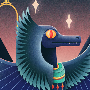 Sobek, the crocodile god, in SMITE game. Dark background with glowing effect. Fantasy theme. Blue feathers and skull-like structure with glowing eyes