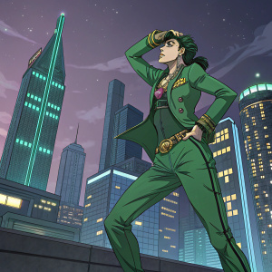 Ermes Costello, JoJo's Bizarre Adventure character, in dynamic pose. Wearing green suit with gold details. Futuristic cityscape backdrop.