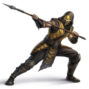 Digital art render of Scorpion from Mortal Kombat. Fighting pose. Holding a spear instead of sword. Solid white background.