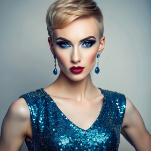 femboy 25 years old, short hair, wearing a blue sparkly dress on the cover of a fashion magazine