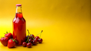 Tropical soft drink bottle concept design. red color scheme theme design, some cut cherries and strawberries next to the bottle, lighting, cinematic, solid, realistic