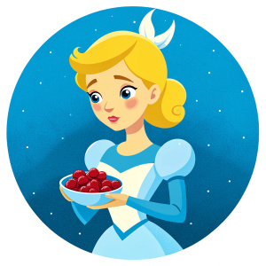 Cinderella in casual clothes sad holding a plate of red and white beans