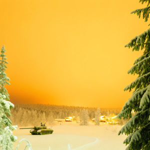 A night scene from the video game 'Call of Duty: WWII'. Snow-covered forest with a village in the background