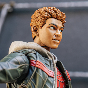 3D render of Miles Morales, Spider-Man. Athletic build, curly hair with a tousled look. Wearing a green jacket with red accents. Dark, solid background.
