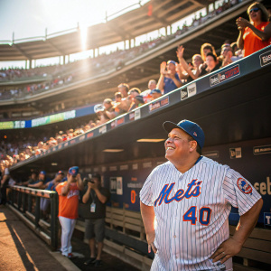 Bartolo Colon, in his signature Mets jersey, poses confidently in the dugout. Cheerful fans in the stands, bright sunny day.