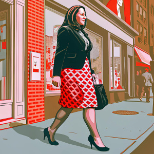 An elegant mature woman, walking confidently down a bustling New York City street. Wearing a bold geometric print skirt and a classic black blazer. Long brown hair flowing, black high-heeled shoes. Candid shot with storefronts and brick walls in the background.