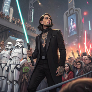 Dave Navarro at a Star Wars themed concert. Dressed in black suit with visible tattoos. Amidst a crowd of fans.