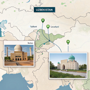 Interactive digital map highlighting major cities and regions of Uzbekistan.
