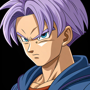 Trunks from Dragon Ball Z, with intense facial expression and detailed purple hair. Anime-style illustration. Clean lines and vibrant colors against a solid black background.