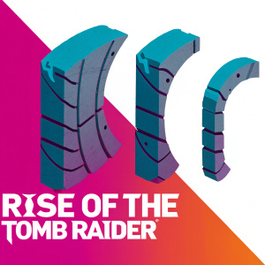 3D render of weathered and rugged sculpted assets inspired by 'Rise of the Tomb Raider'. Gray textures with broken, uneven surfaces. Curved shapes against dark background. Prominently displays 'RISE OF THE TOMB RAIDER' and official website link. Digital art style.