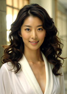 1girl, 25-year-old Korean actress Clara Lee Sung-min, with medium curly brown hair, wearing an open white bathrobe, bathroom: 1.2, collarbone, 45-degree face looking at the audience, ((turbulent)), ((perfect body proportions)), (Panorama: 1.3), beautiful and mature, grinning, deep shadows, Wong Kar-wai photography style, half body to navel: 1.2, <lora:DetailedEyes_xl_V2:1>, <lora:neg4all_bdsqlsz_xl_V7:1>, (super delicate oval face)), ((Beautiful eyes with long eyelashes,((real quality)),((Leica 